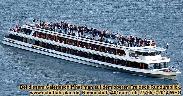 Rhein-Schifffahrt mit dem Galerieschiff auf dem Niederrhein zwischen Emmerich, Wesel, Duisburg, Düsseldorf, Leverkusen und Köln am Rhein.