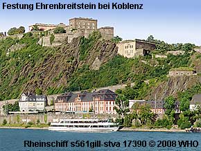 Rheinschiff s561gill-stva mit Festung Ehrenbreitstein gegenber von Koblenz am Rhein.