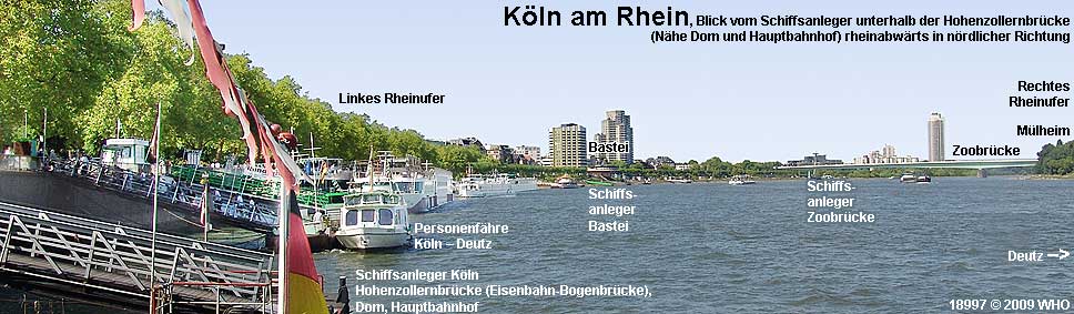 Köln am Rhein, Blick vom Schiffsanleger unterhalb der Hohenzollernbrücke (Nähe Dom, Hauptbahnhof) rheinwärts in nördlicher Richtung