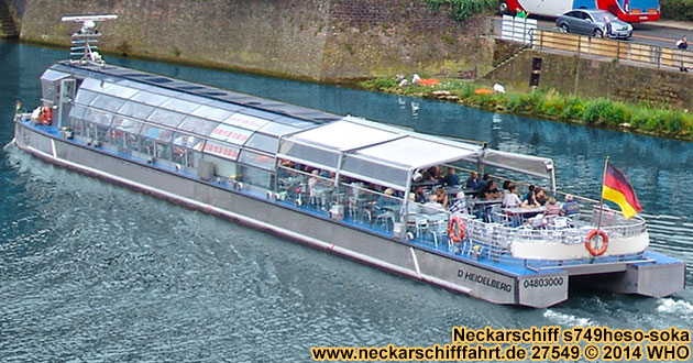 Charterschifffahrt bei Heidelberg mit dem Neckar-Solarschiff bis 130 Sitzplätze im Salon