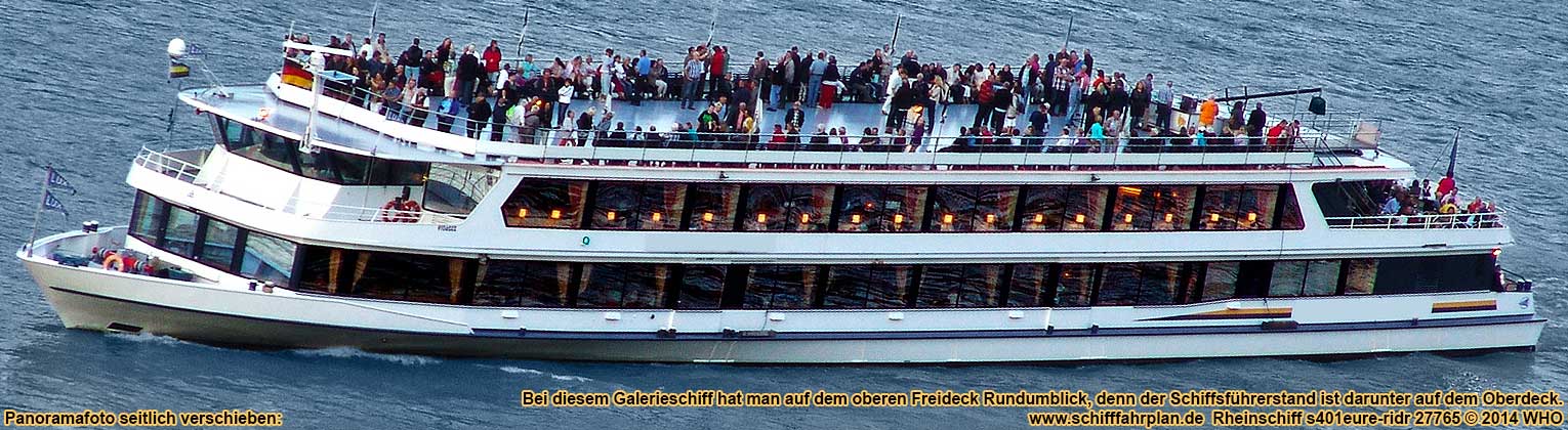 Rheinschifffahrt mit dem Galerieschiff auf dem Niederrhein zwischen Emmerich, Wesel, Duisburg, Düsseldorf, Leverkusen und Köln am Rhein.