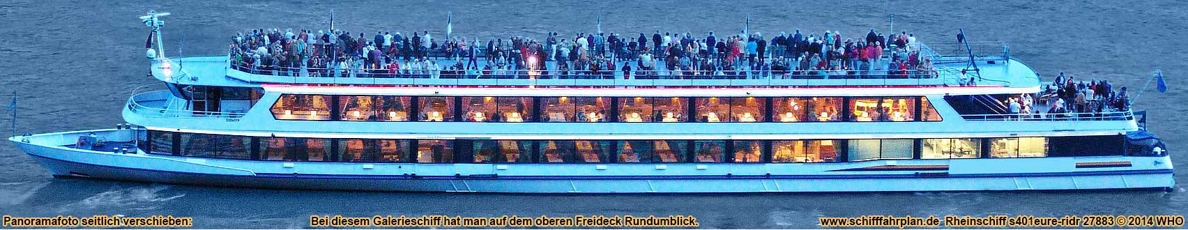 Rheinschifffahrt mit dem Galerieschiff auf dem Niederrhein zwischen Emmerich, Wesel, Duisburg, Düsseldorf, Leverkusen und Köln am Rhein.