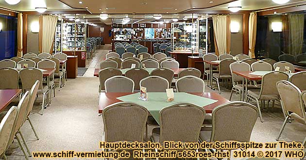 Rheinschiff s653roes-rhst Hauptdecksalon, Blick von der Schiffsspitze zur Theke in der Schiffsmitte