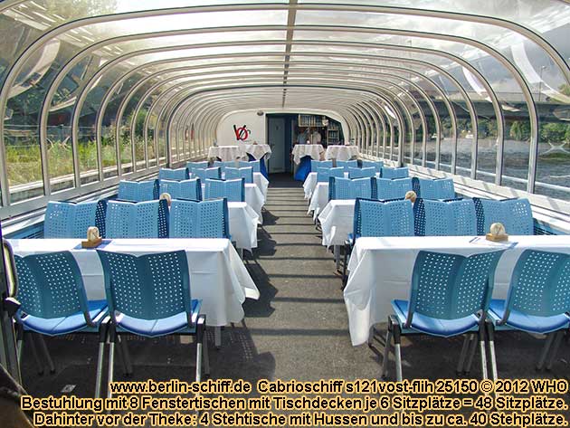 Spree-Cabrioschiff s121vost-flih mit Schiffsanlegestellen in Spandau, Charlottenburg, Tiergarten, Berlin Mitte und Friedrichshain