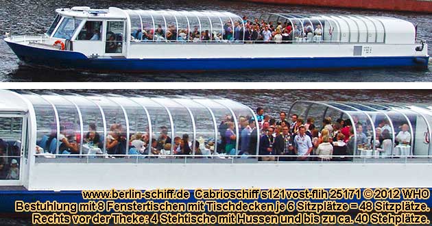 Spree-Cabrioschiff s121vost-flih mit Schiffsanlegestellen in Spandau, Charlottenburg, Tiergarten, Berlin Mitte und Friedrichshain