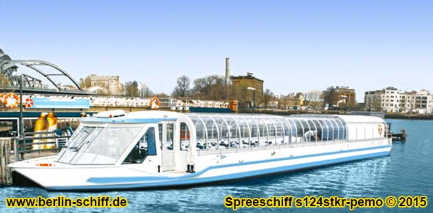 Einraum-Glasdachschiff s124stkr-pemo Spreefahrt in Berlin auf Spree und Landwehrkanal bis 78 Personen.